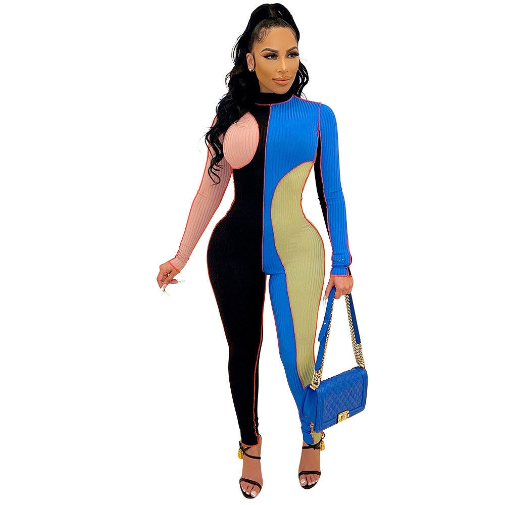Threaded Color Block Long Sleeve Slim Jumpsuit