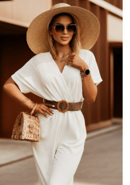 Combinaison ample à manches courtes et jambes larges avec ceinture nouée