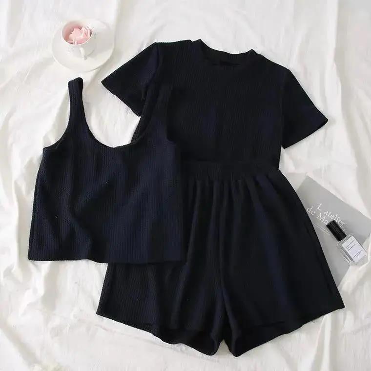 Women's Short-sleeved Student Three-piece Set Wide-leg Shorts