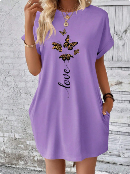 Butterfly And Letter Pattern Batwing Sleeve T-shirt Dress