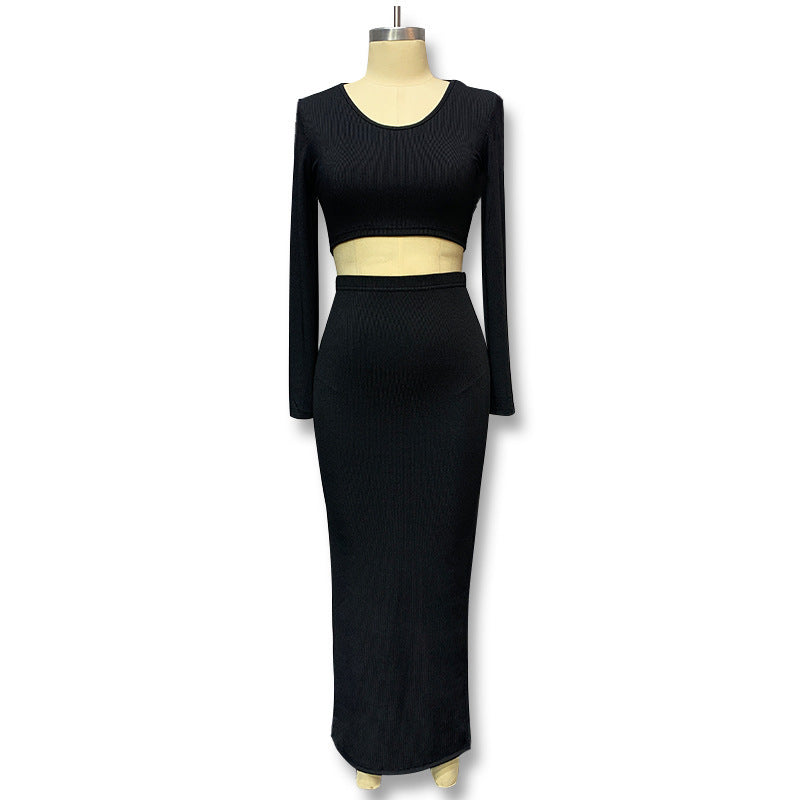 Women's Solid Color Knitted Round Neck Two-piece Set