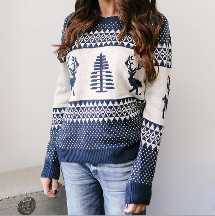 Pull de Noël en tricot à imprimé géométrique et élan mignon pour femme