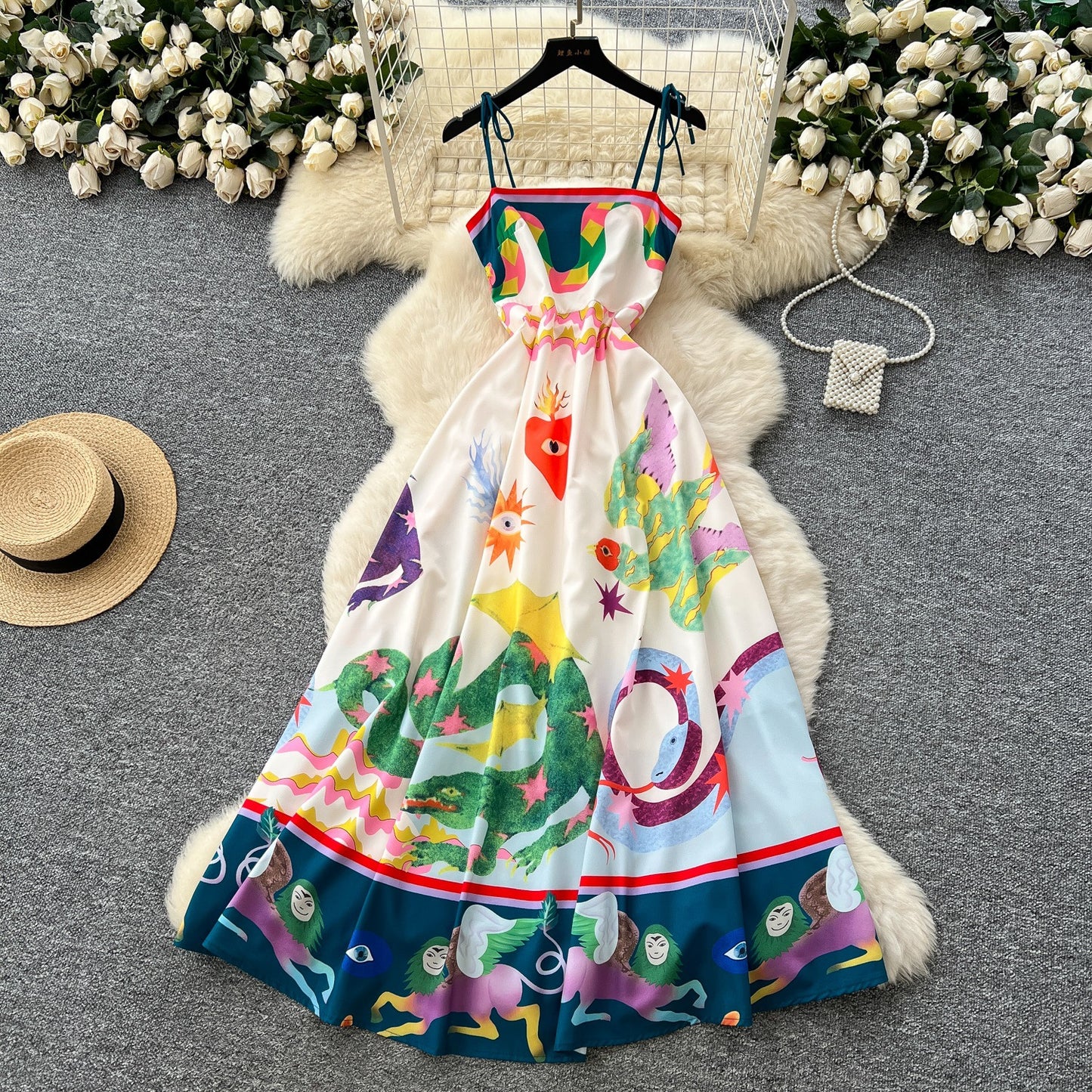 Light Luxury Graffiti Printing Slip Dress Women