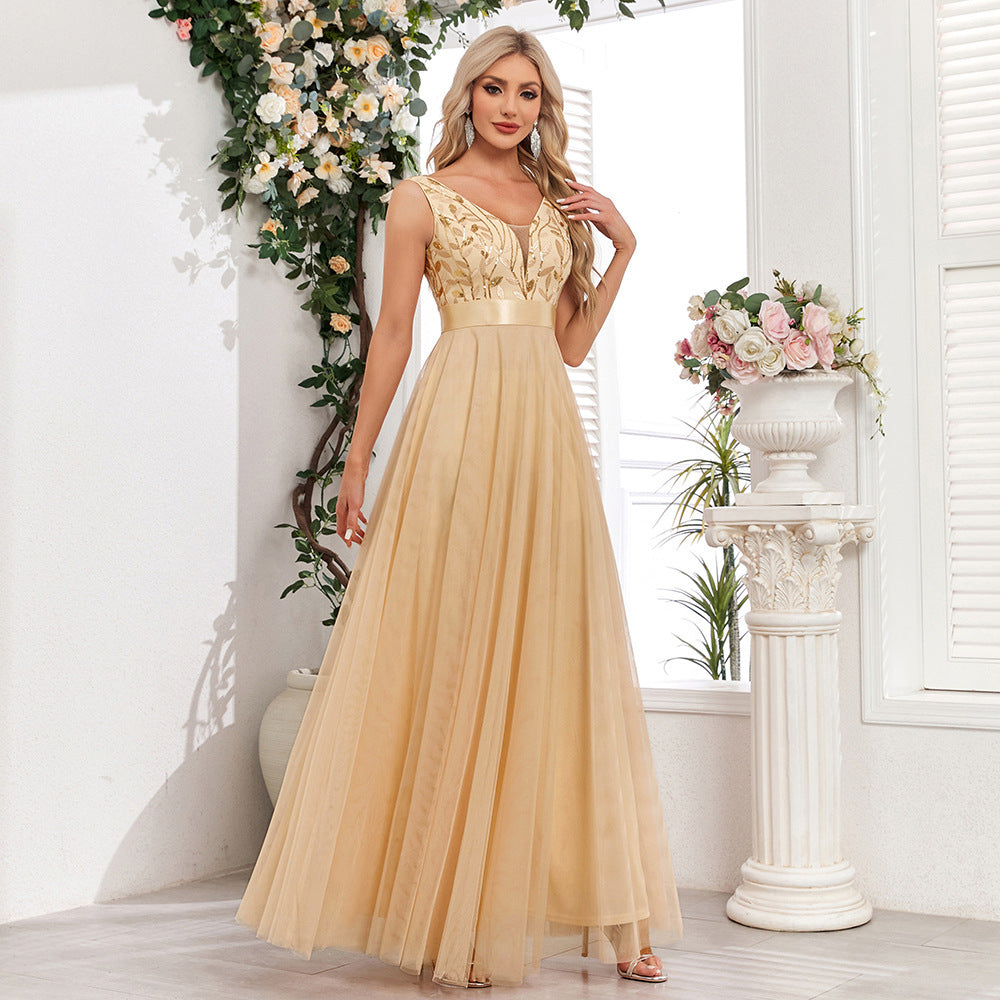 Robe de soirée patchwork extensible sans manches à double col en V