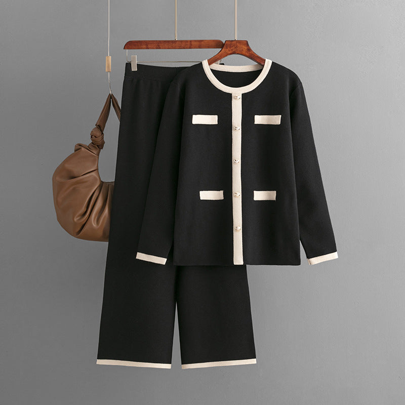 Ensemble deux pièces pantalon large tricoté style classique