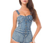 Strappy Square Neck Denim Shorts Bodysuit