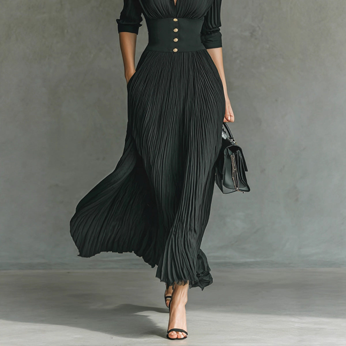 Solid Color Pleated Waist Tight Elegant Dress For Women