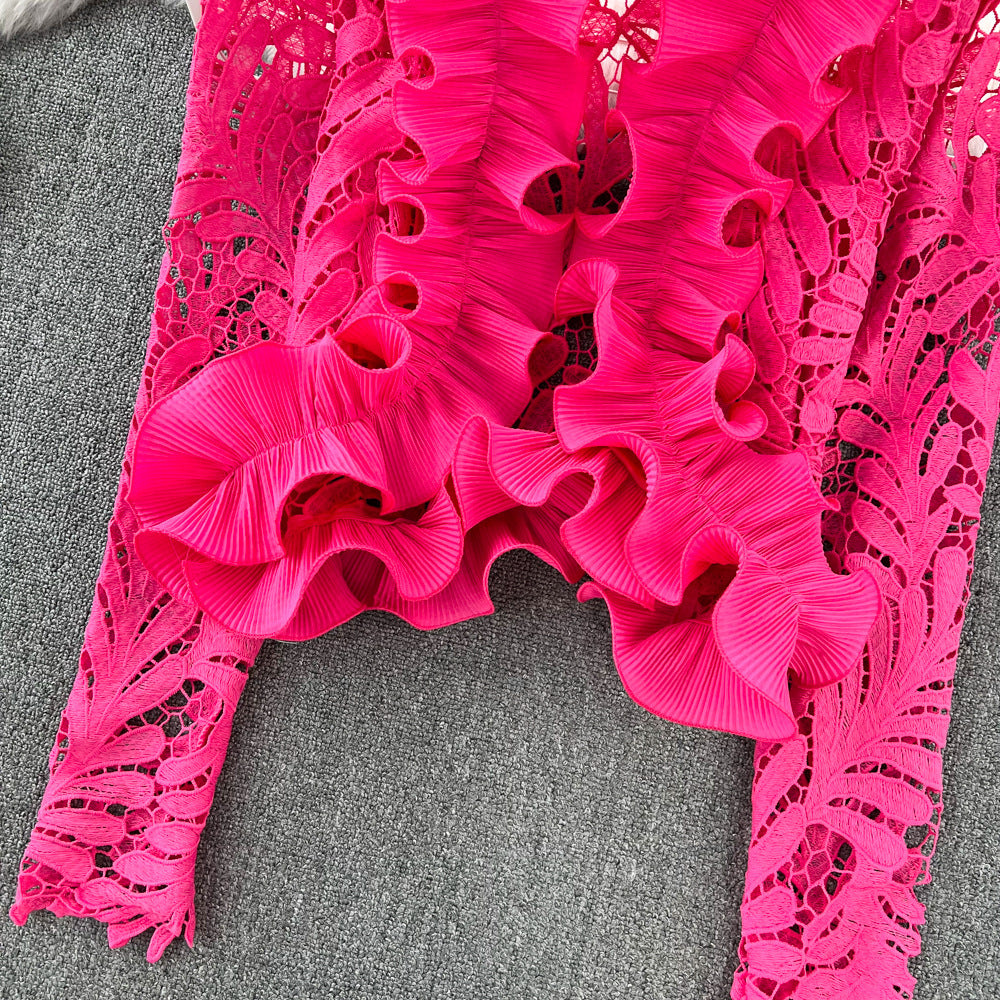 Retro Temperament V-neck Ruffled Lace Top