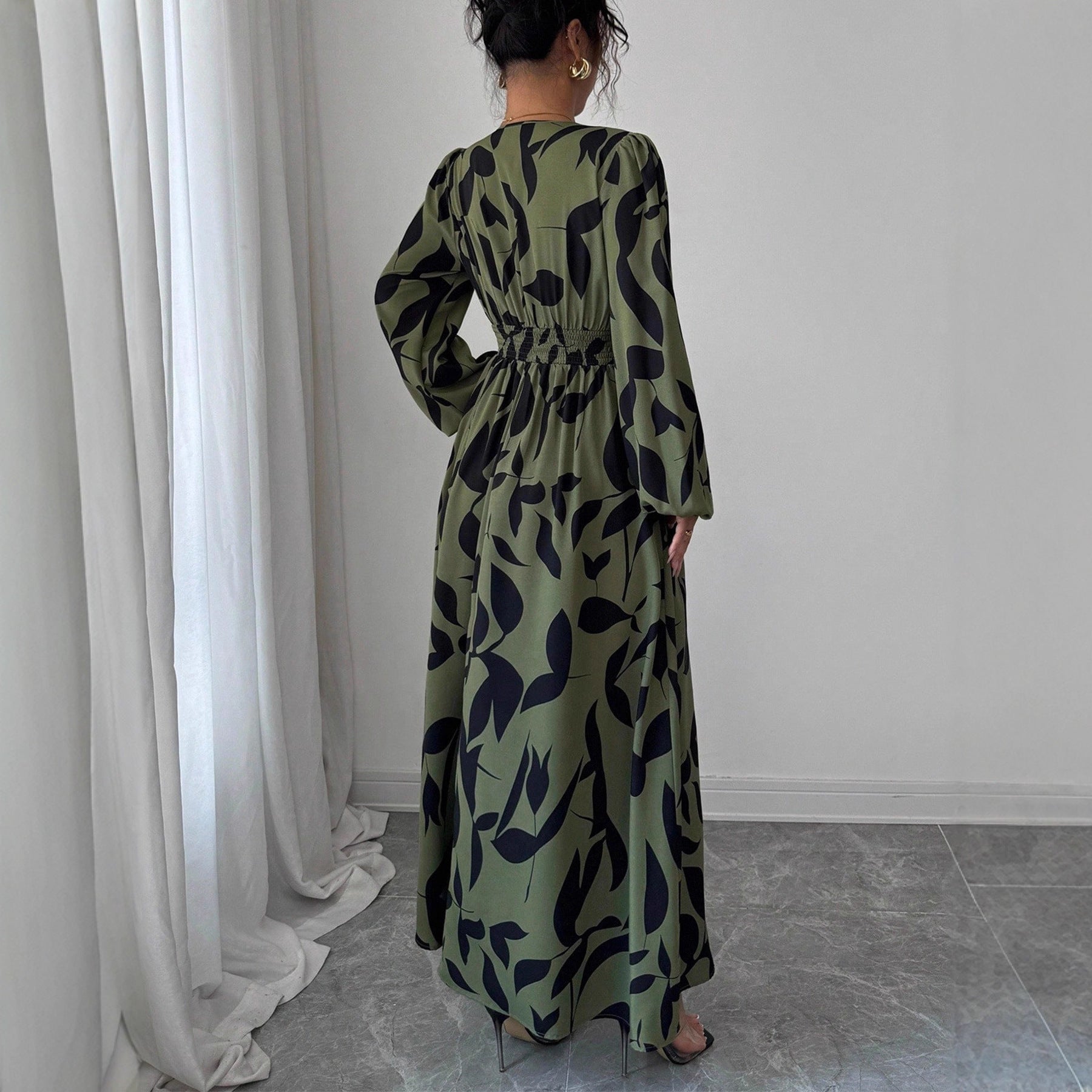 Women's V-neck Long Sleeve High Waist Dress Vacation Style Leaf Print