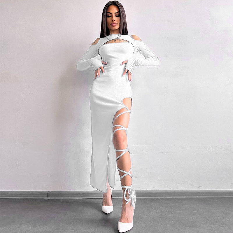 Robe fendue à manches longues et leggings ajourés de couleur unie pour femme