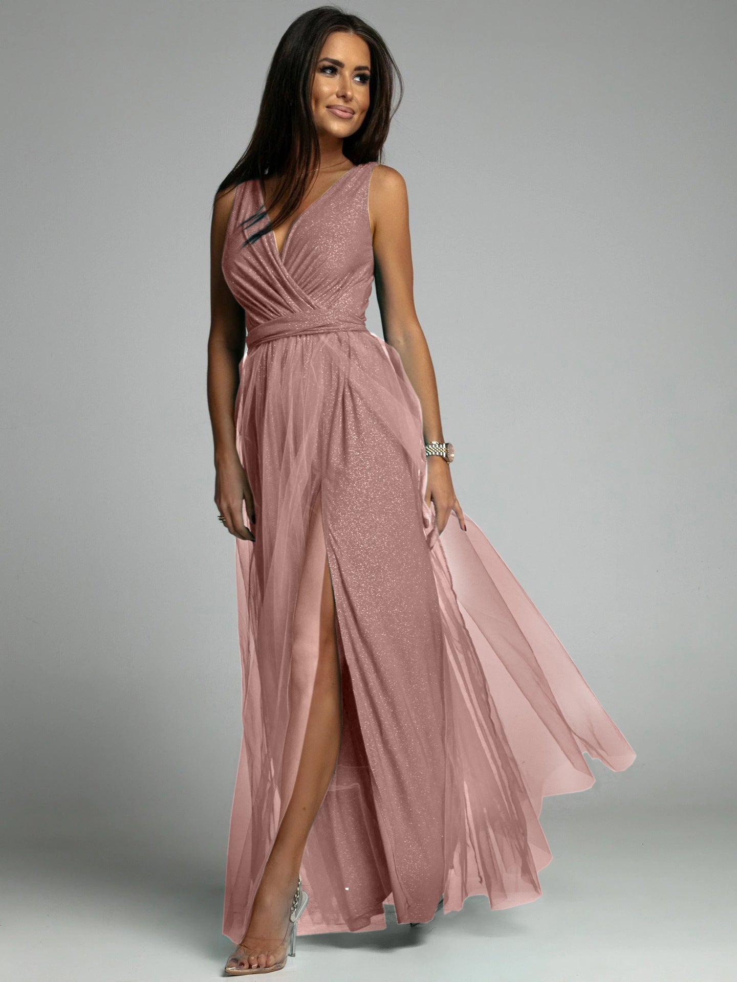 Robe de soirée sexy sans manches à col en V pour femme