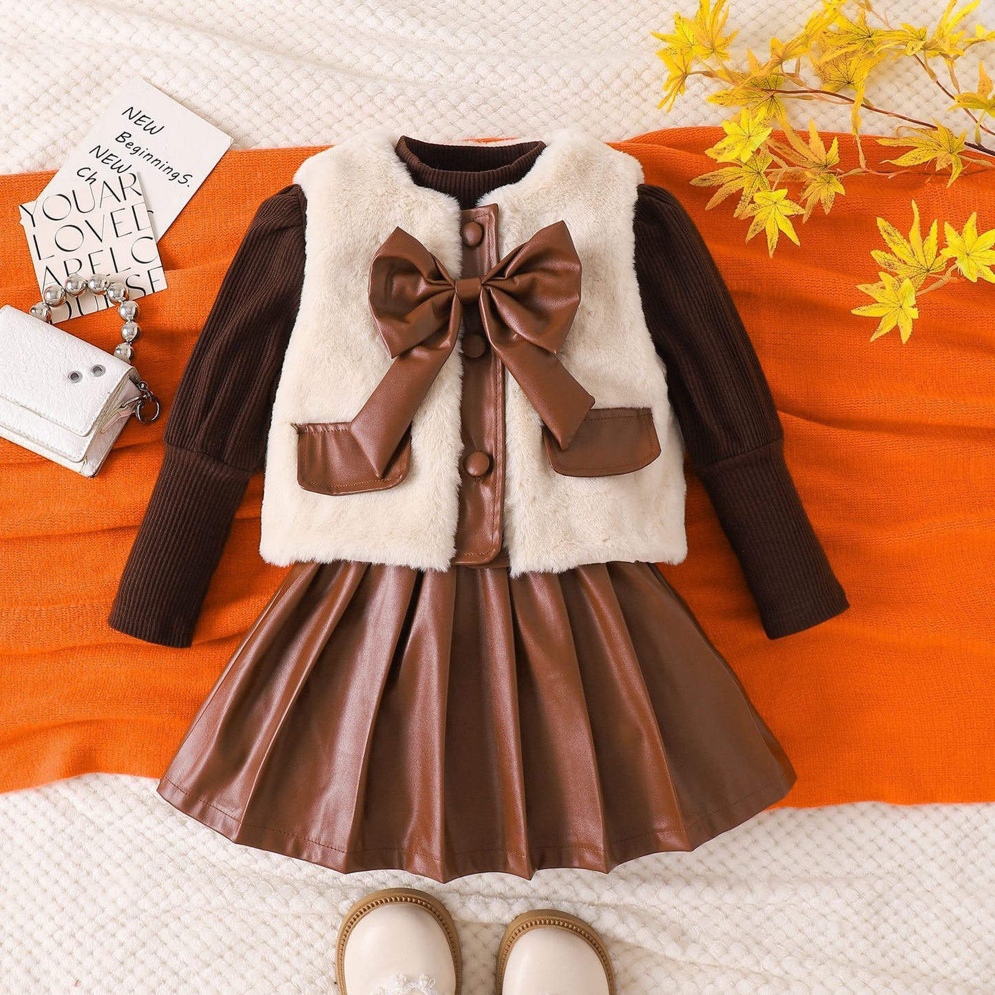 Three-piece Set Of Long-sleeve Base PU Leather Skirt