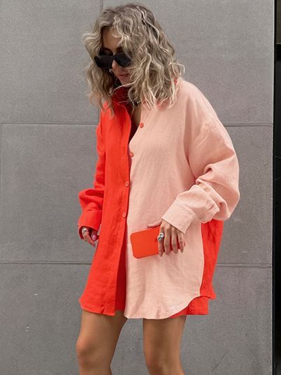 Ensemble chemise et short à manches longues et couleur contrastée pour femme