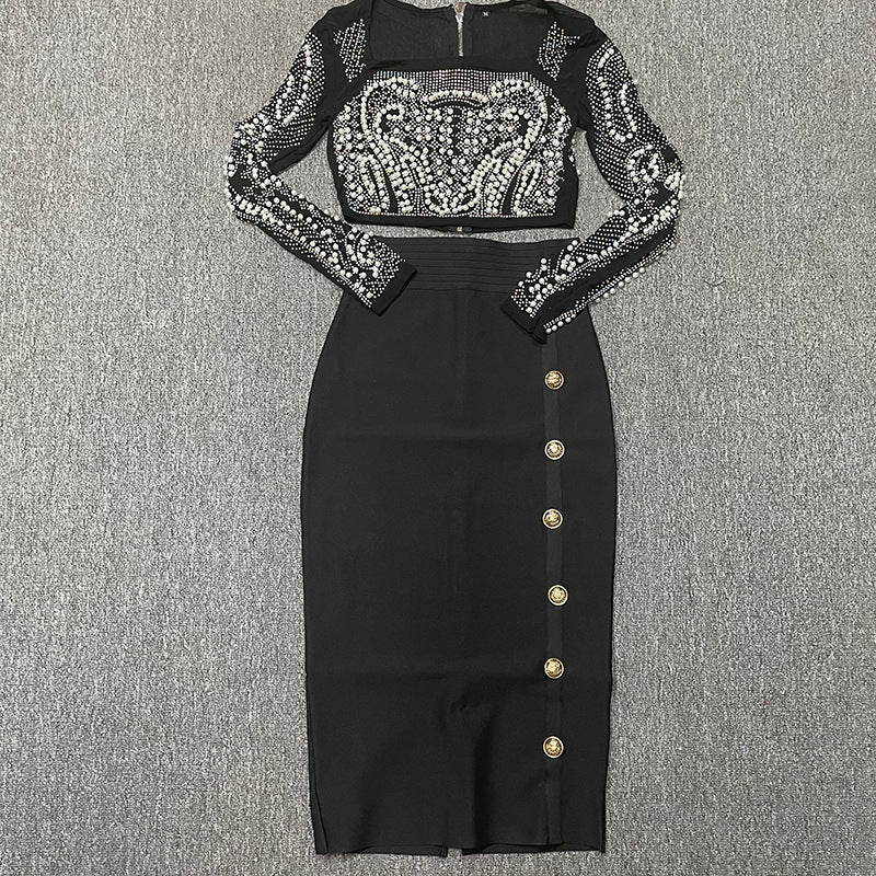 Women's Square Collar Heavy Industry Beads Rhinestone Long Sleeve Two-piece Suit