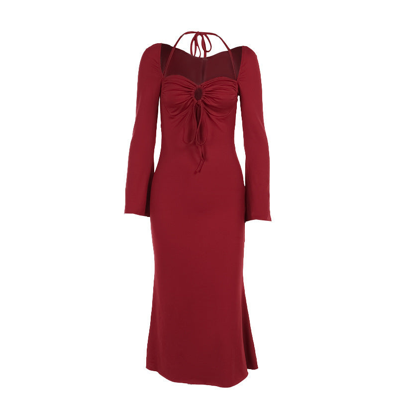 Robe d'automne moulante à manches longues et col licou pour femme