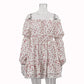 Off-neck Puff Sleeve Pleated Tube Top Printed Waist-controlled Dress