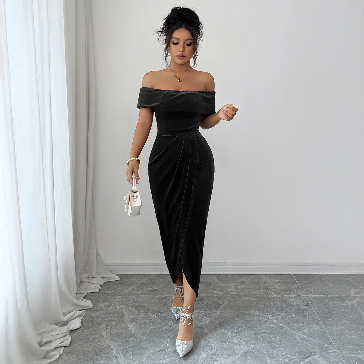 Elegant Tube Top Solid Color Dress Women