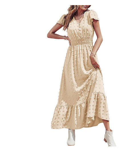 Robe d'été à manches courtes et col en V, design boule de fourrure, taille haute nouée, longue