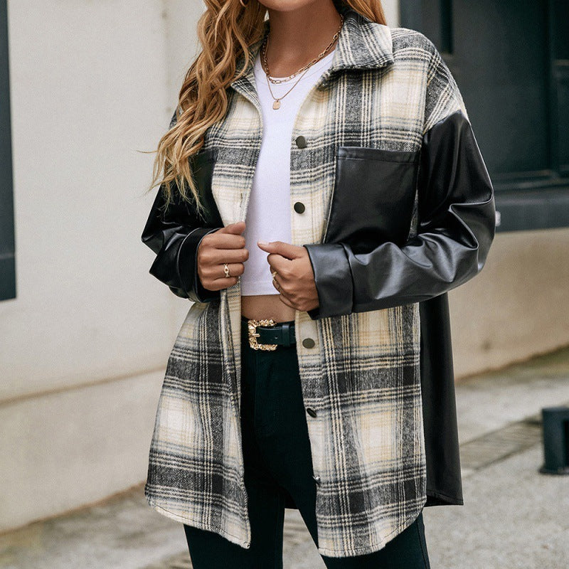 Loose Plaid Color Matching Shirt Casual Double Pocket Plaid PU Stitching Shirt Jacket Jacket