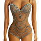 Mesh Luxury Full Diamond Sleeveless Jumpsuit Triangle High Fork