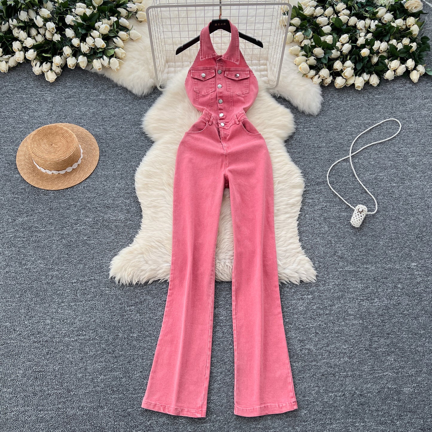 Single-breasted High Waist Slimming Slim Fit Backless Denim Jumpsuit