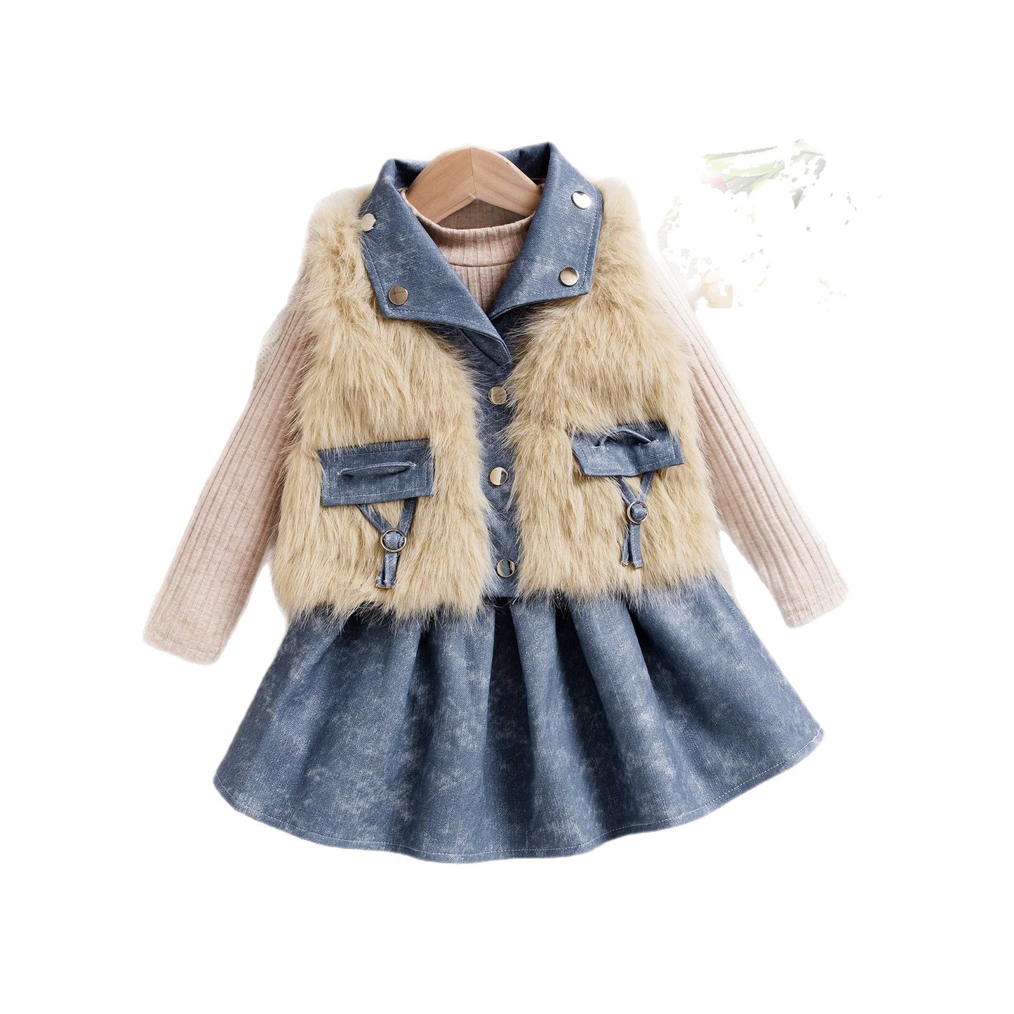 Knitted Sweater Denim Skirt Princess Style Three-piece Set