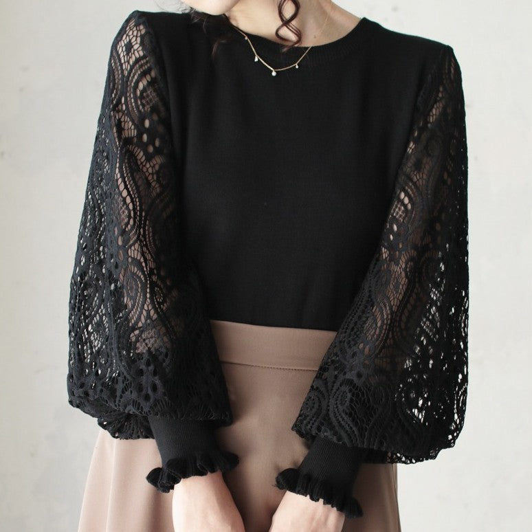 Sheer Yarn Flower Embroidered Sleeve Patchwork Knitting Bottoming Shirt