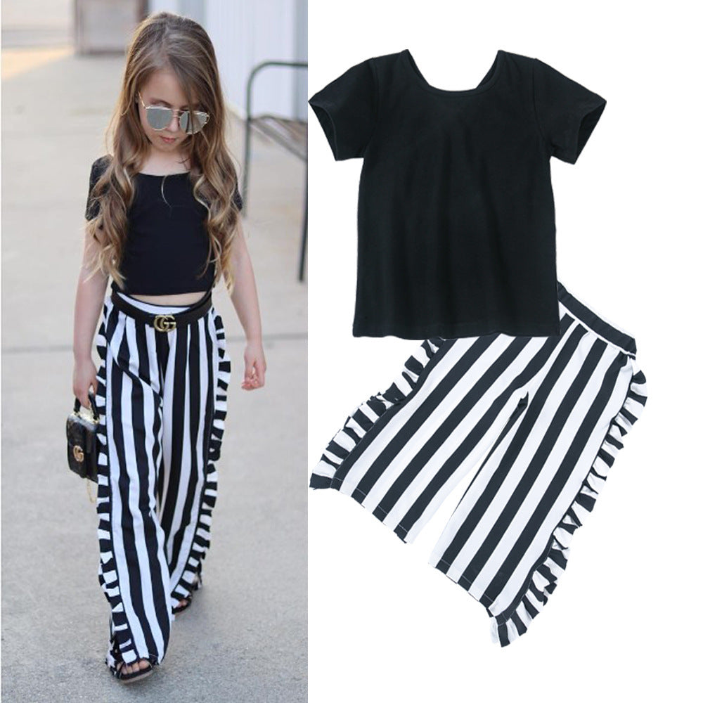 T-shirt court noir tendance pour filles + pantalon large à rayures champignon