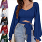 Top Women's Exposed Navel Lantern Sleeve Off-the-shoulder Collar