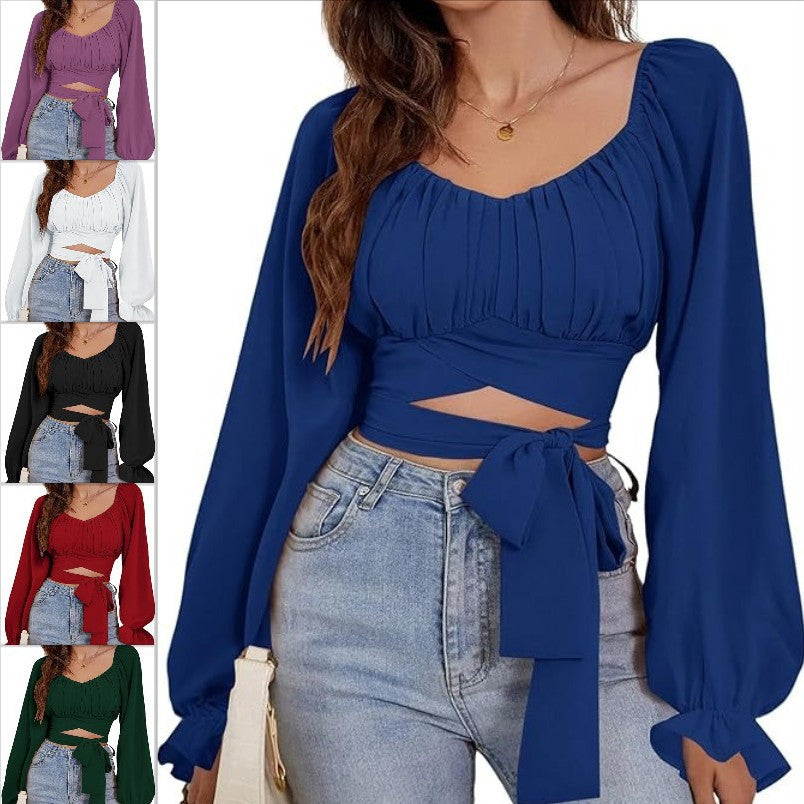 Top Women's Exposed Navel Lantern Sleeve Off-the-shoulder Collar