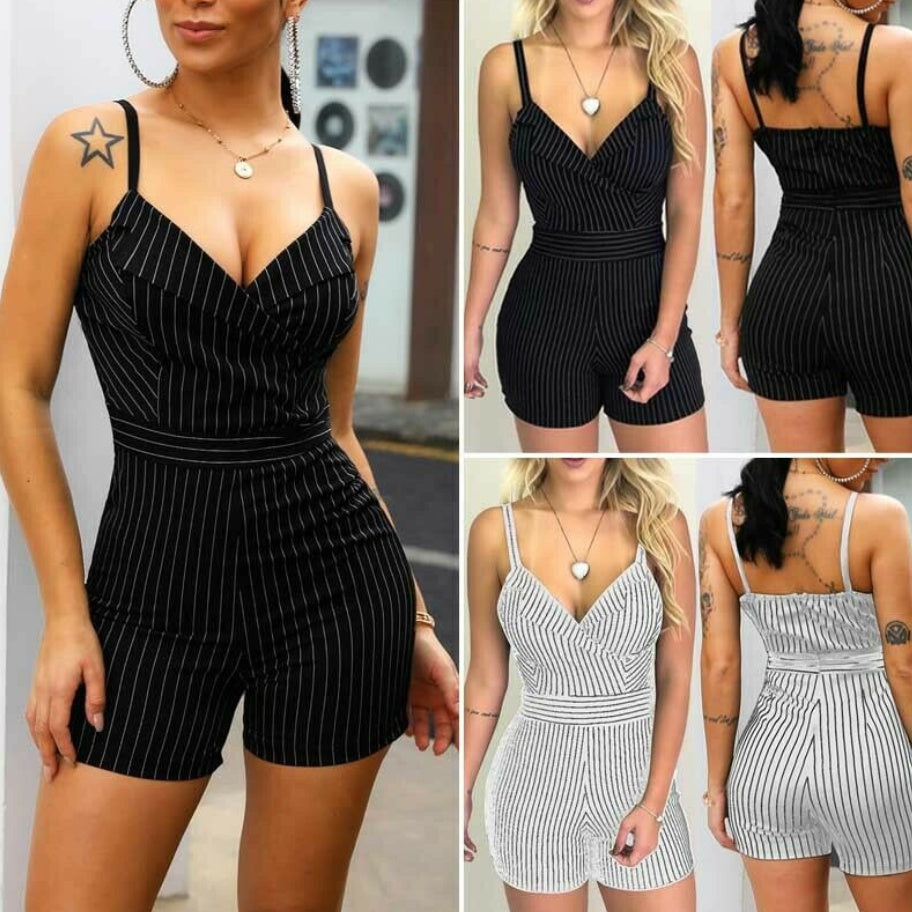 Short slim décontracté sans manches à rayures et col en V