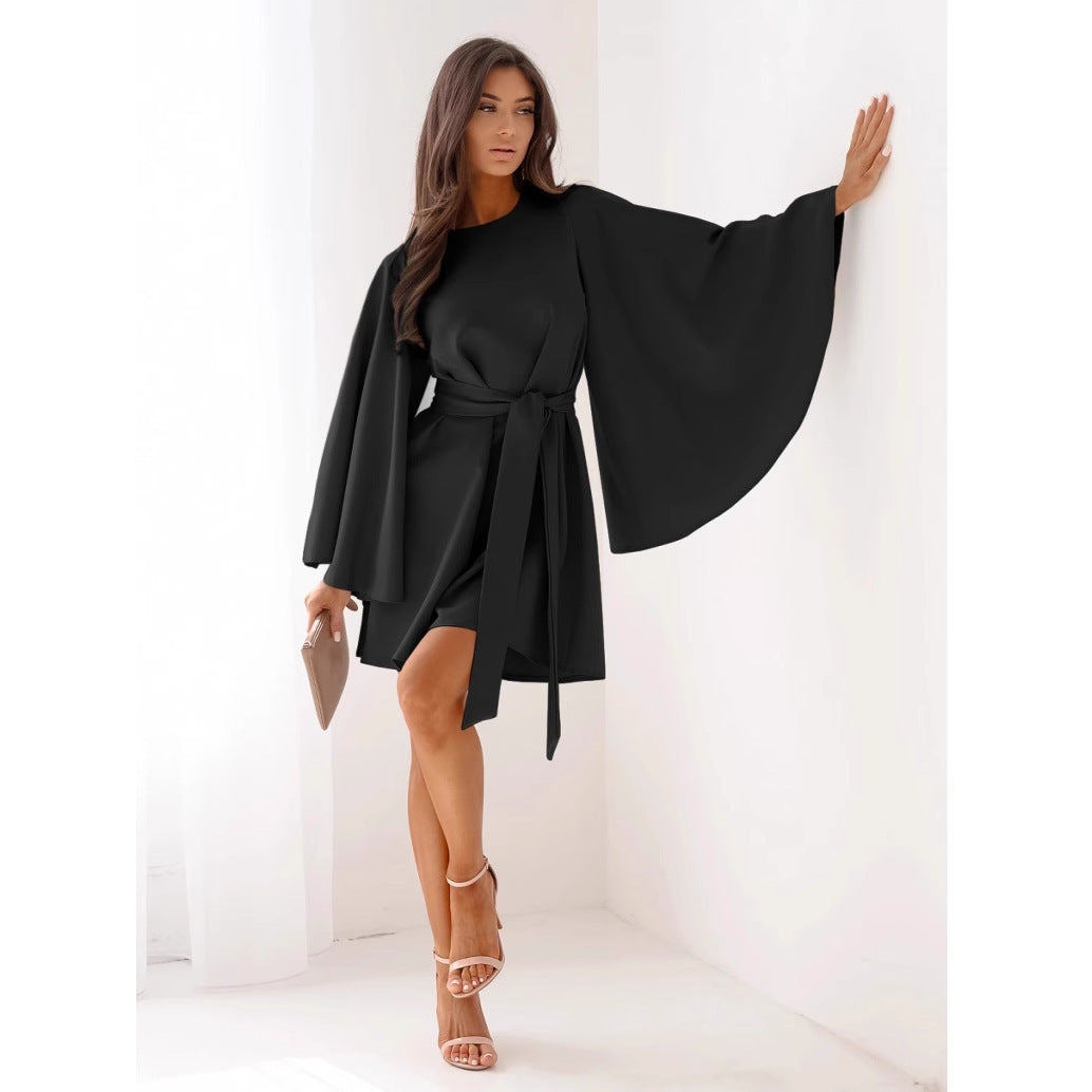 Autumn Fashion Solid Color Round-neck Flared Sleeves Lace-up Waist Dress