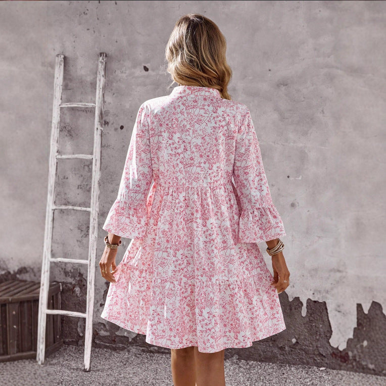 Loose V-neck Ruffle Floral Dress For Women