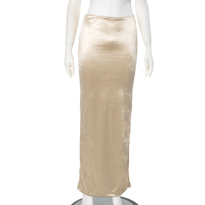 Jupe fourreau mi-longue taille haute en satin multicolore drapé européen et américain d'été