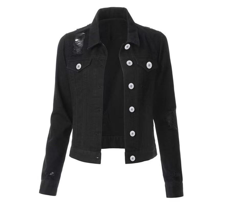 Women's Fashionable Temperament Slim-fit Buttoned Ripped Denim Jacket