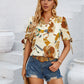 Fashion Printed Casual 2V Collar Cuff Bundle Top