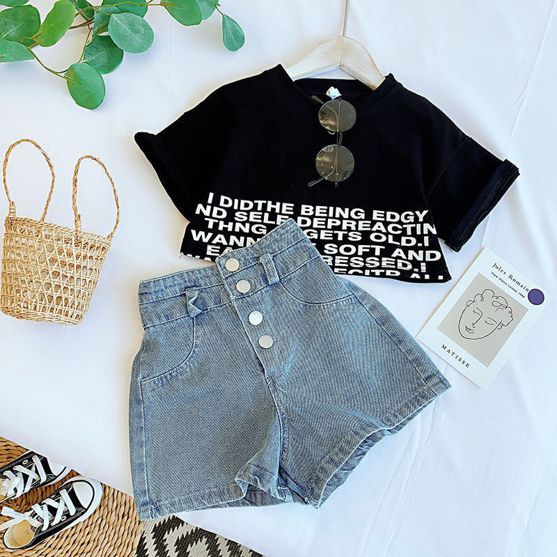 Little Girl Korean Fashion Medium And Large Children's Denim Shorts Two-piece Set