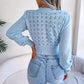 Women Street Style Solid Color Hollow Stripe Lantern Sleeve Cropped Sweater