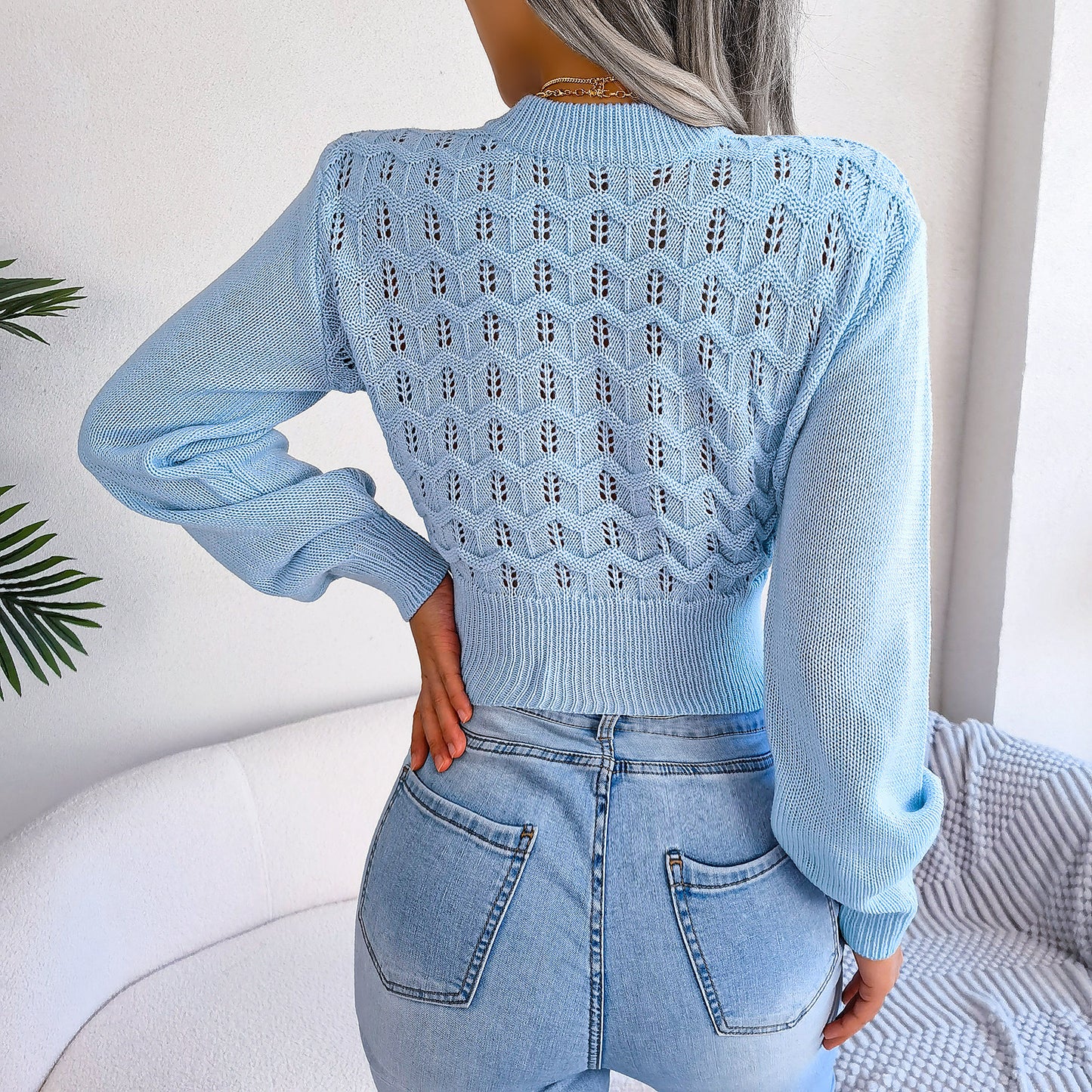 Women Street Style Solid Color Hollow Stripe Lantern Sleeve Cropped Sweater