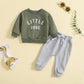 Round Neck Letter Printed Top Solid Color Pants Two Piece Set