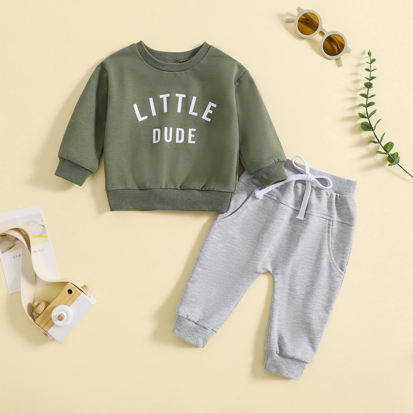 Round Neck Letter Printed Top Solid Color Pants Two Piece Set