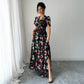 Advanced Minimalist Style Deep V Printed Slit Long Dress Women's Short Sleeve