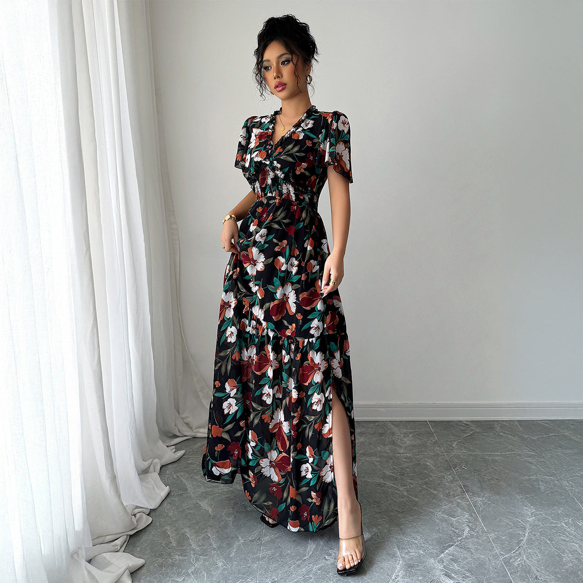 Advanced Minimalist Style Deep V Printed Slit Long Dress Women's Short Sleeve