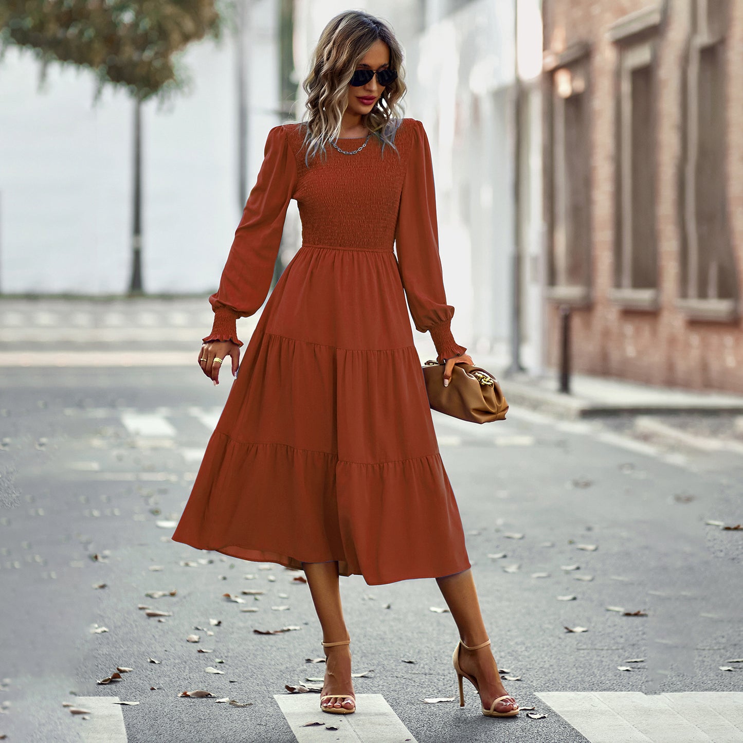Robe mi-longue cintrée pour les vacances et les loisirs, vêtements pour femmes printemps et automne