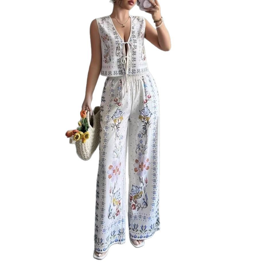 Fashionable Sexy Loose-fit Lace-up Vest Top With Wide-leg Trousers