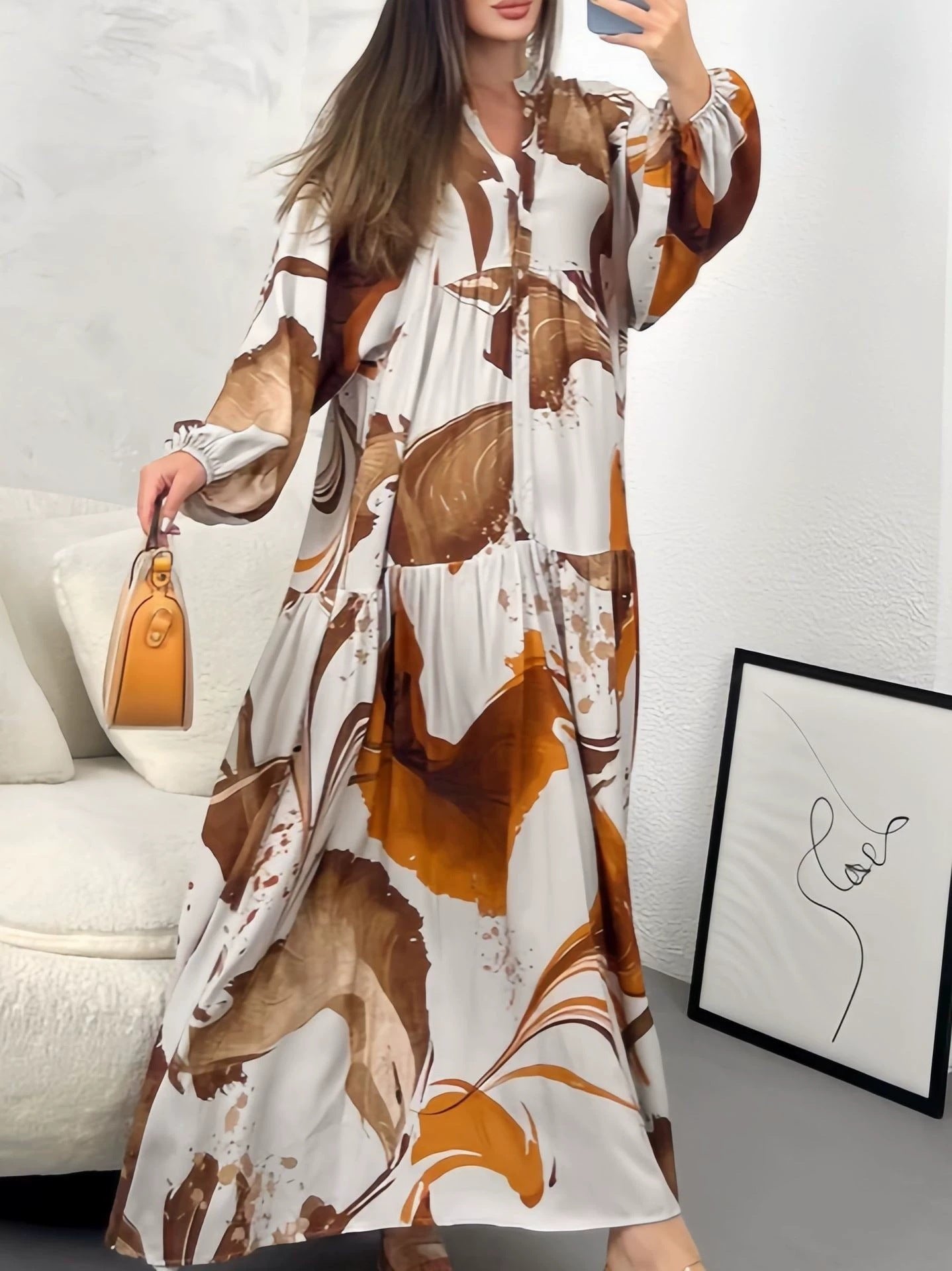 Loose Casual Long Sleeves Temperament V-neck Dress