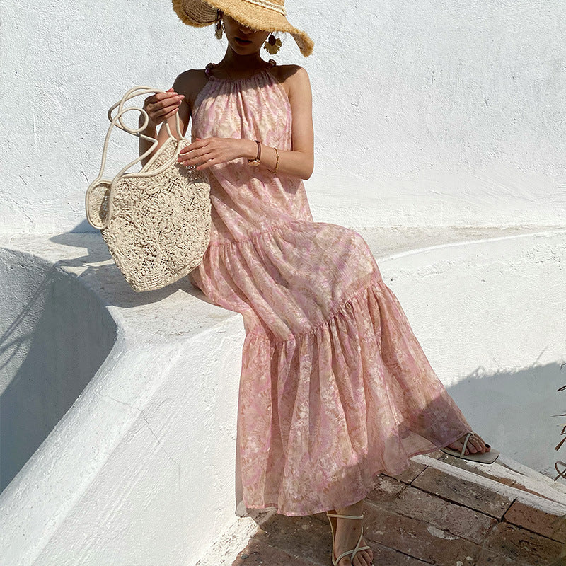 Robe en mousseline de soie imprimée texturée style vacances pour femme