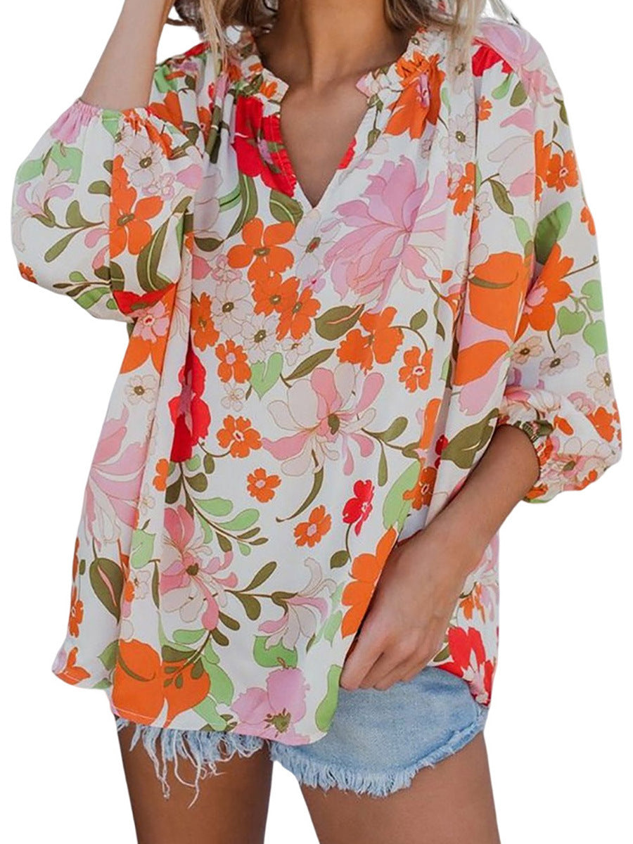 Women's Ruffled Collar Colorful Flowers Ruffled Shirt Top