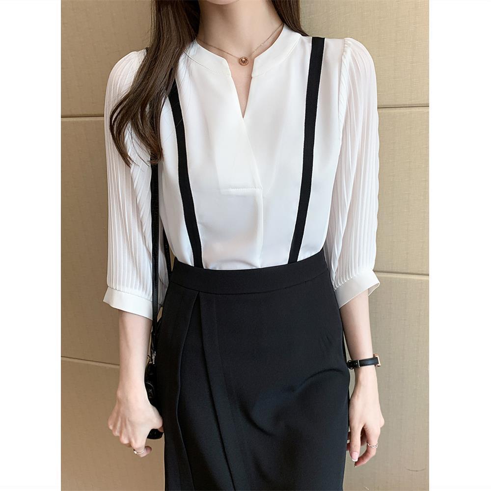 V-neck White Shirt Women's Three-quarter Sleeve Chiffon Top