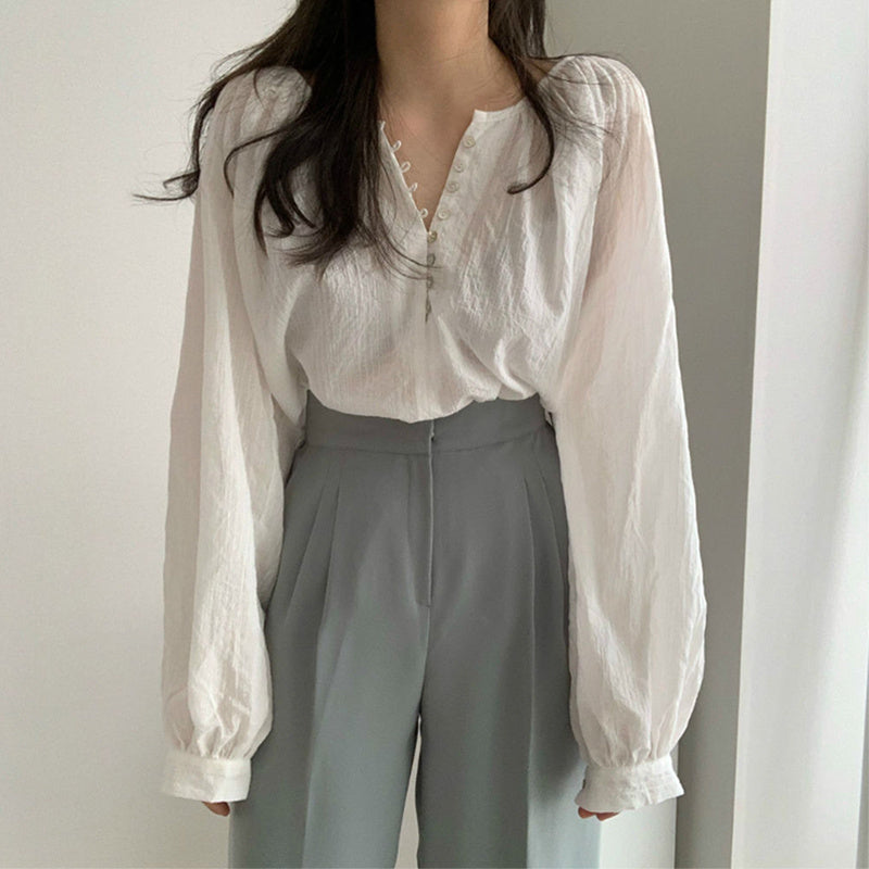 Niche Simple Round Neck Shell Button Thin Air-conditioned Shirt